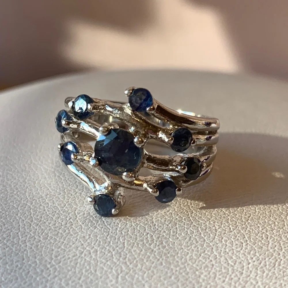 GENUINE BLUE SAPPHIRE 925 STERLING SILVER WIDE BAND RING